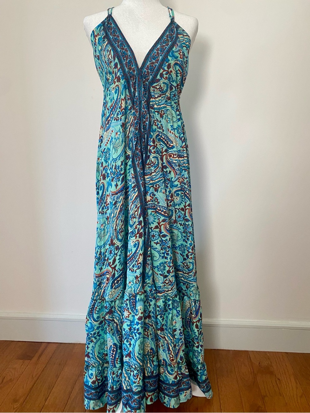Boho Paisley Silk Blend Halter Maxi Dress Open Back Tassel Tie Blue Aqua Resort